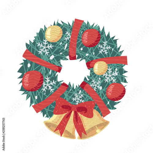 Cute Christmas wreath with red ribbon bow and golden bells illustration isolated on white background