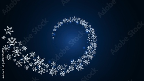 White snowflake swirl pattern on a dark blue gradient background