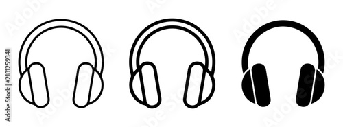Headphones Icons Set, Audio Equipment Symbols, Music Player Accessories, Black and White Vector Graphics