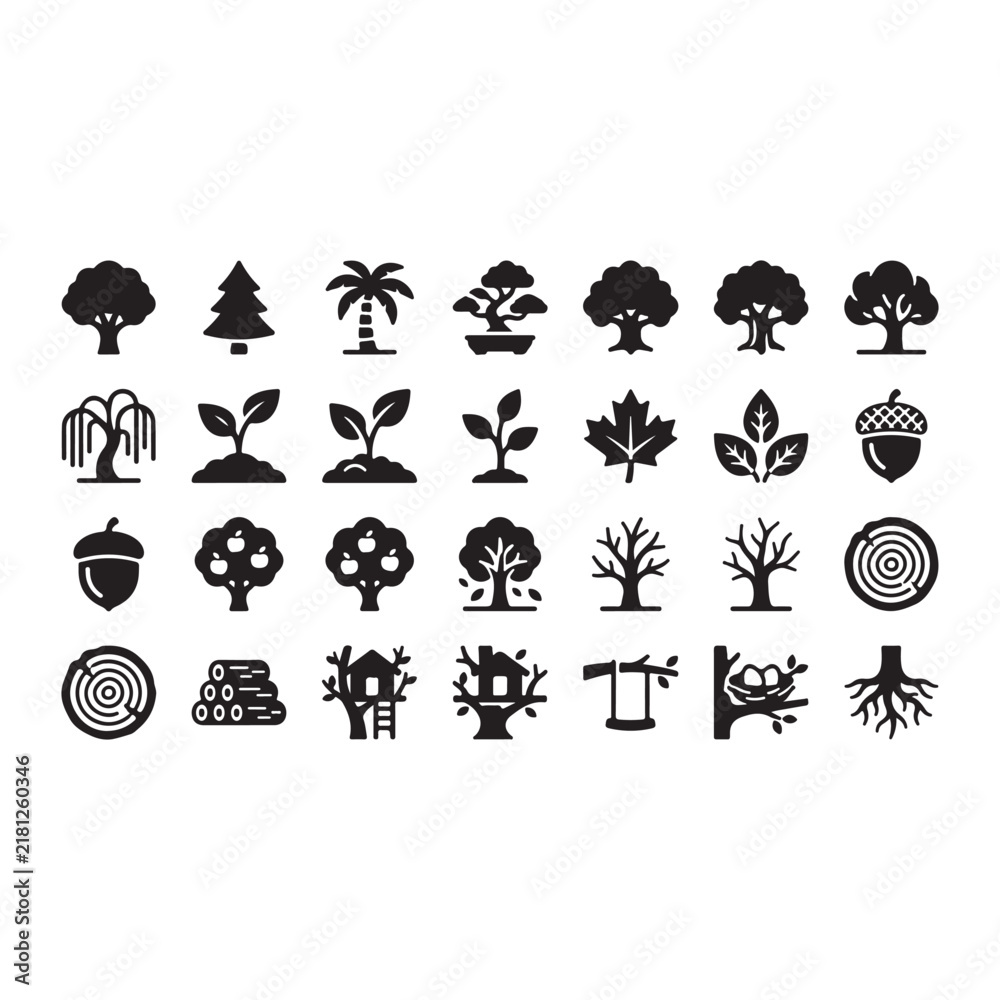Fototapeta premium Tree icons in minimalist flat design with black and white contrast for nature and growth graphics.