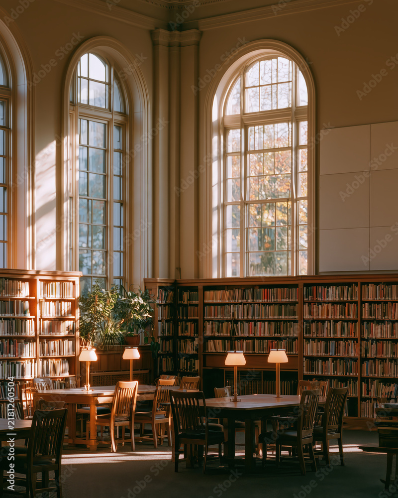 Obraz premium Quiet library interior with tall arched windows and warm natural light