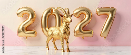 A golden goat statue stands between large metallic gold balloons shaped as '2027', set against a soft pink and beige background. Podcast cover for New Year's celebration themes and