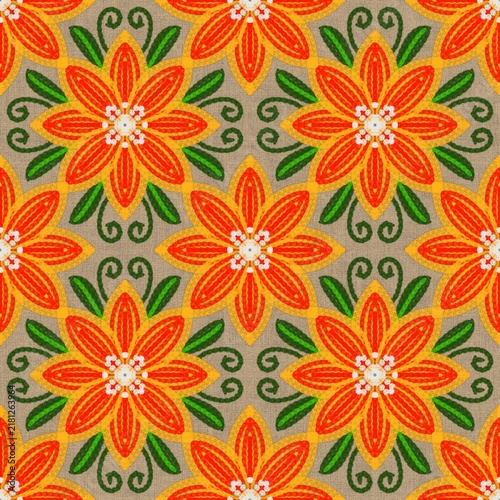 Fotografie Seamless Floral Embroidery Pattern on Linen Texture Rustic Folk Background