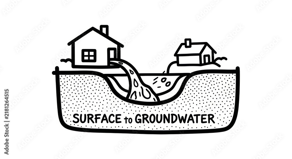 Obraz premium Groundwater flow from surface to homes.