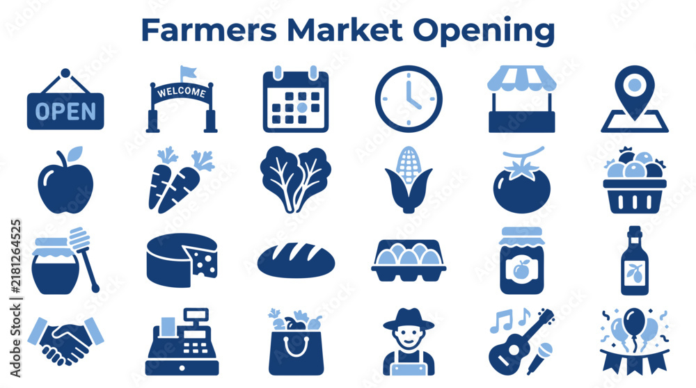 Naklejka premium Farmers Market Opening Icon Set Featuring Fresh Produce Organic Food and Community Shopping Elements on Isolated White Background
