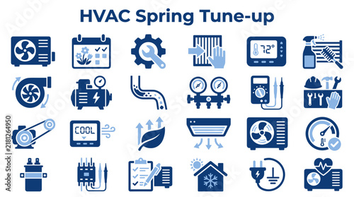 HVAC spring tune up maintenance icons set for air conditioning and heating system service