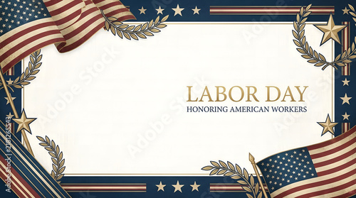 Patriotic Labor Day background with American flags and golden laurel wreaths