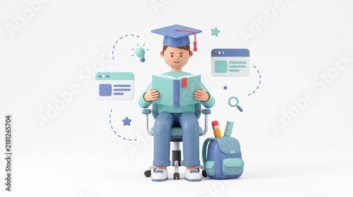 3d render of a young student wearing a graduation cap while reading a book with surrounded floating school sits chair while knowledge acquisition educational materials academic achievement
