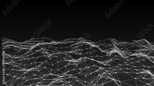 Abstract digital landscape plexus background with white glowing nodes and connecting lines forming a wireframe mesh structure