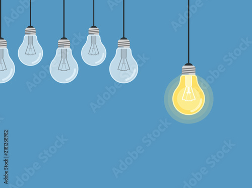 Minimalist vector illustration of hanging incandescent light bulbs on a solid blue background, featuring one bright glowing yellow bulb positioned among five turned off bulbs.