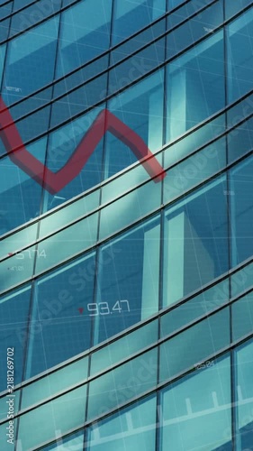 Animation of red line, financial data processing over modern office building