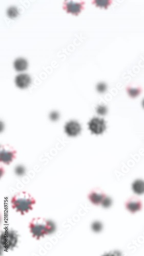 Digital animation of multiple covid-19 cells floating against copy space on white background