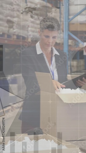 Animation of financial data processing and envelope icons over diverse workers in warehouse