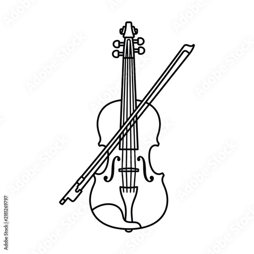 Minimalist vector outline illustration of a classical acoustic violin with its bow