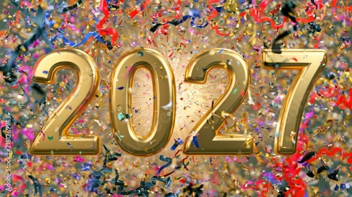 Gold 2027 numbers surrounded by falling colorful confetti