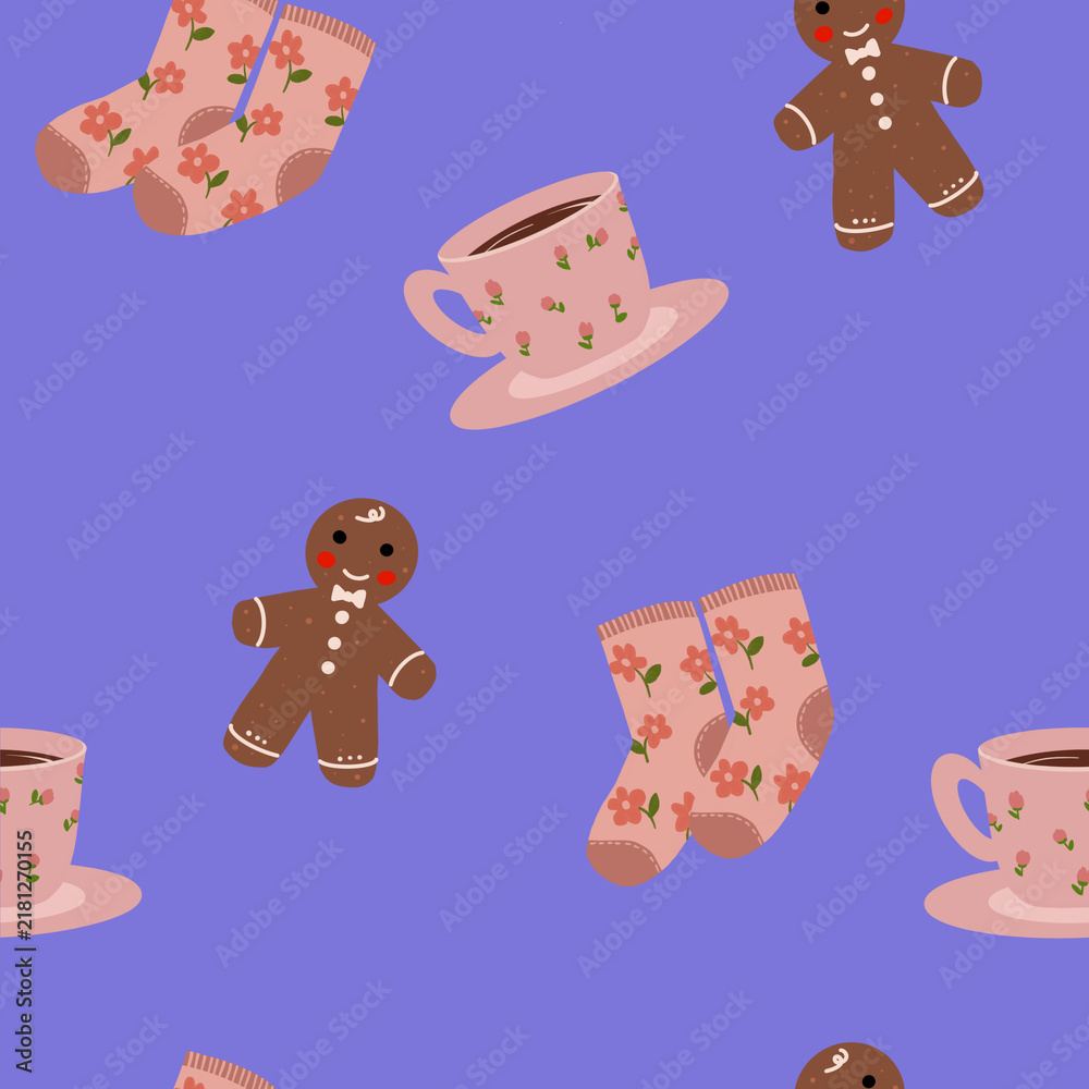 Fototapeta premium Cozy Winter Tea Socks and Gingerbread Seamless Pattern on Blue Background