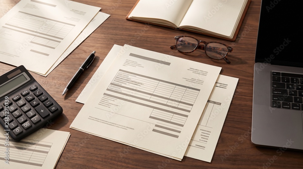 Obraz premium Top View of Financial Accounting Documents Calculator Pen and Eyeglasses on Desk