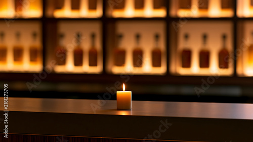 A single lit candle sits on a polished counter in a dimly lit bar interior featuring soft warm background shelves displaying beverage bottles