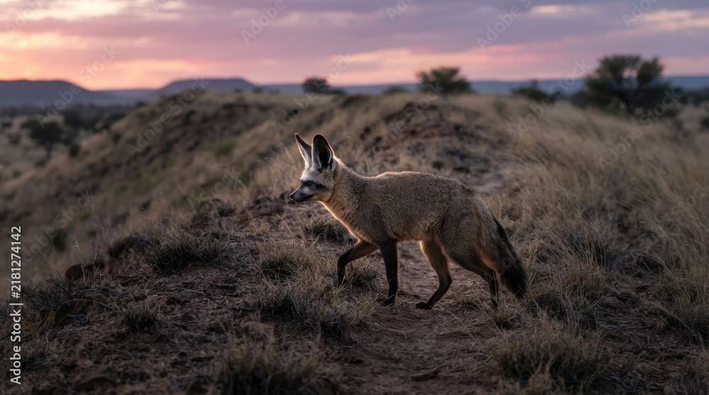Fototapeta premium Bat-eared Fox on Dune at Sunset: A striking bat-eared fox with its characteristic large ears stands on a sandy dune, silhouetted against a pastel sunset sky.