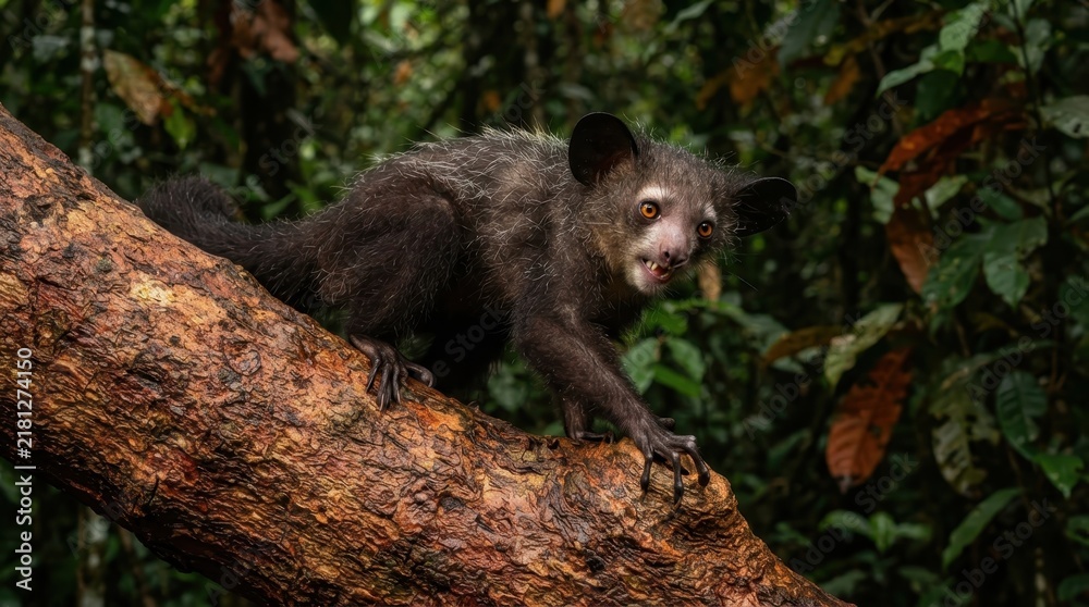 Obraz premium Aye-aye on a Branch: A peculiar aye-aye, a nocturnal primate with large ears and rodent-like teeth, perches on a mossy tree branch in a dense rainforest.