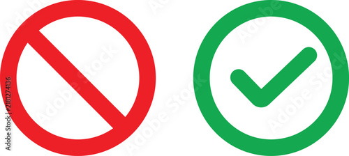 Positive and negative circular icon symbols, Simple illustration of a prohibition and approval symbol representing yes and no concepts