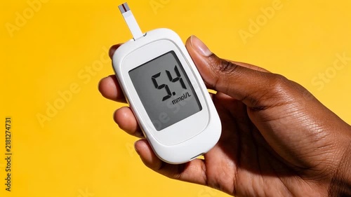 POV close-up of a black woman hand holding white digital blood glucose meter with normal and healthy blood sugar reading on screen. Diabetes control, wellness and healthcare monitoring concept