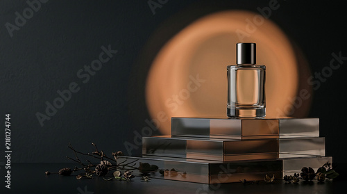 Clear perfume bottle on glass podium with soft warm circular light in dark studio fragrance bottle luxury branding minimalist luxury product showcase