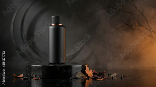Black cosmetic bottle on dark stone stand surrounded by autumn leaves and moody smoke with skincare packaging product mockup beauty product dark background