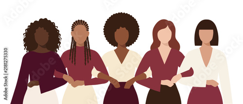 Diverse group of women holding arms together for unity, empowerment, and female solidarity flat vector illustration