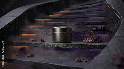 Small dark metallic cosmetic container resting on a modern staircase with soft purple accent lighting cosmetic jar skincare container luxury beauty staircase