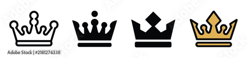 Set of four distinct crown including outlined, solid black, geometric, and gold-filled variations on a white background