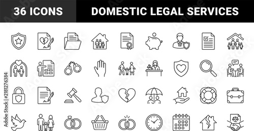 Family law line icon set. Vector pictograms of divorce, custody, legal, and advice elements, thin linear illustration.