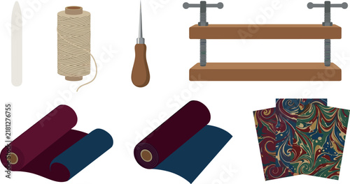 Traditional Bookbinding Workshop Materials Vector Icon Set with Wooden Press Awl Thread Rolls and Marbled Paper Sheets
