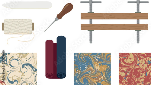 Traditional Bookbinding Craft Tool Vector Icon Set with Wooden Press Awl Thread Bone Folder and Marbled Paper