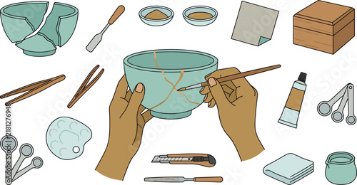 Traditional Japanese Kintsugi Art Repair Process Vector Icon Set with Hands Painting Gold Lines on Ceramic Bowl