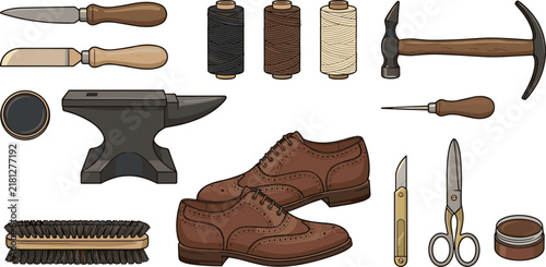 Traditional Shoemaking and Cobbler Tools Vector Icon Set with Leather Shoes Anvil Hammer Thread Rolls and Scissors