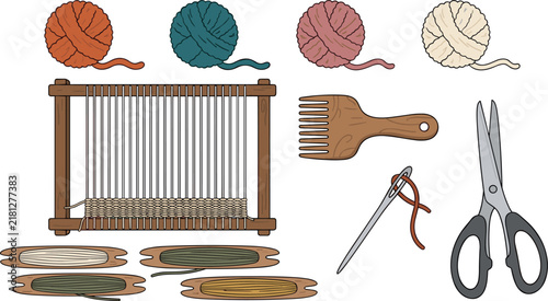 Handloom Weaving Craft Supplies Vector Icon Set with Wooden Frame Loom Yarn Balls Beater Comb and Scissors