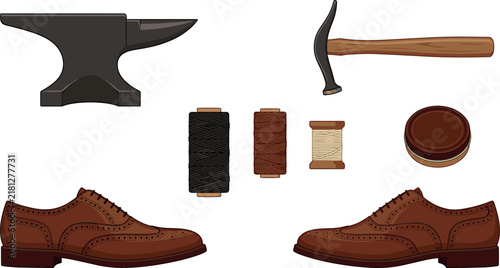Handmade Shoemaking and Cobbler Tool Vector Icon Set with Leather Brogue Shoes Anvil Hammer Thread and Polish