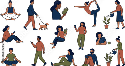 Healthy Lifestyle Activities Vector Icon Set Featuring People Doing Yoga Reading Gardening Walking Dog and Relaxing Characters