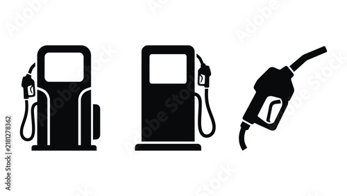 Set of three black silhouette depicting a gas station pump and a fuel nozzle, representing energy, fuel, transportation, and refueling on white background