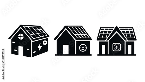 Three black silhouette of houses with solar panels on the roof, representing renewable energy, sustainable living, and eco-friendly home power systems