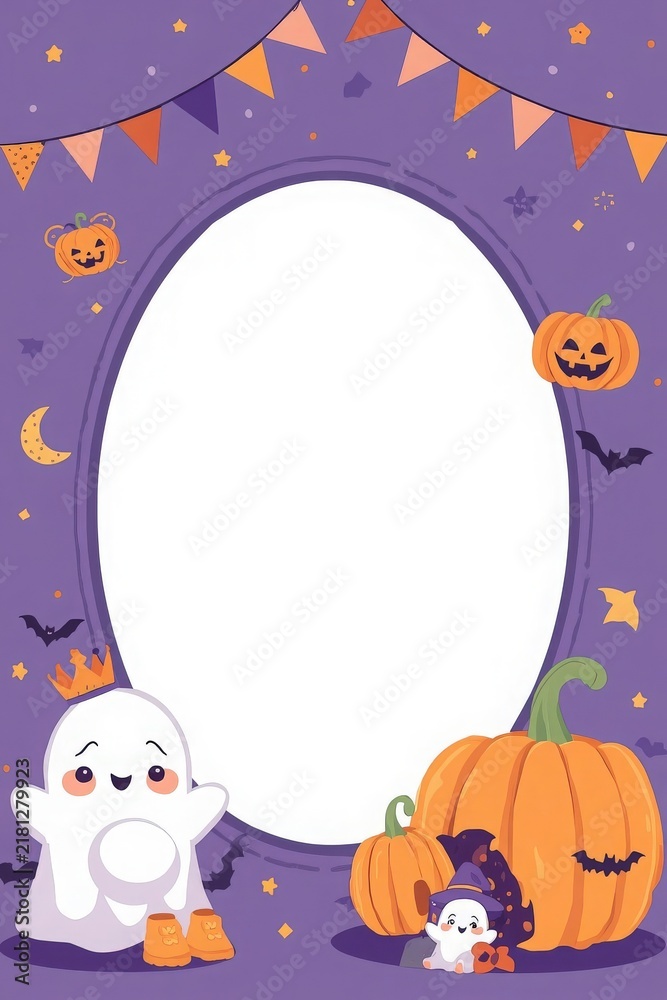 Fototapeta premium Decorative halloween oval frame with pumpkins and ghost in witch hat cute ghost halloween border cartoon pumpkin halloween party trick or treat ghost character spooky season halloween design