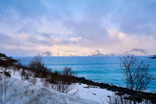 Photography Scenic winter landscape of blue fjord and snow covered mountains in Lofoten Norw