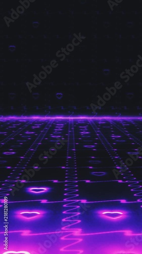 80s synthwave style animated perspective floor with neon laser hearts. Ideal for cyberpunk romance or retro gaming themes.
