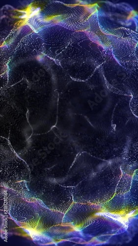 Wavy neon particle network forming a rotating digital globe. Ideal for artificial intelligence and global tech visualizer.