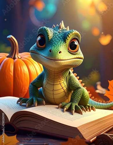 An adorable tropical house gecko, Small Lizard on Open Book with Pumpkin Background