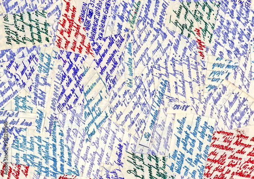 A collage composed of various pieces of paper featuring handwritten German text in diverse ink colors. The overlapping pieces are arranged at different angles, creating a chaotic yet artistic pattern.