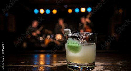 Cocktail with Mint Leaf Garnish on a Bar Counter