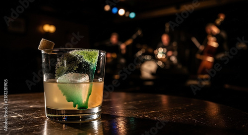 Cocktail with mint syrup and ice in dimly lit bar setting