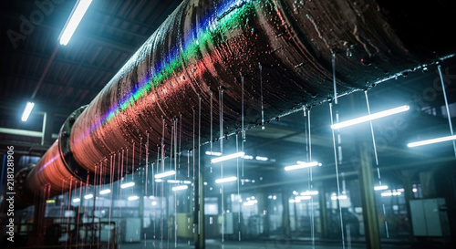 Industrial pipe with water cascade in dimly lit warehouse